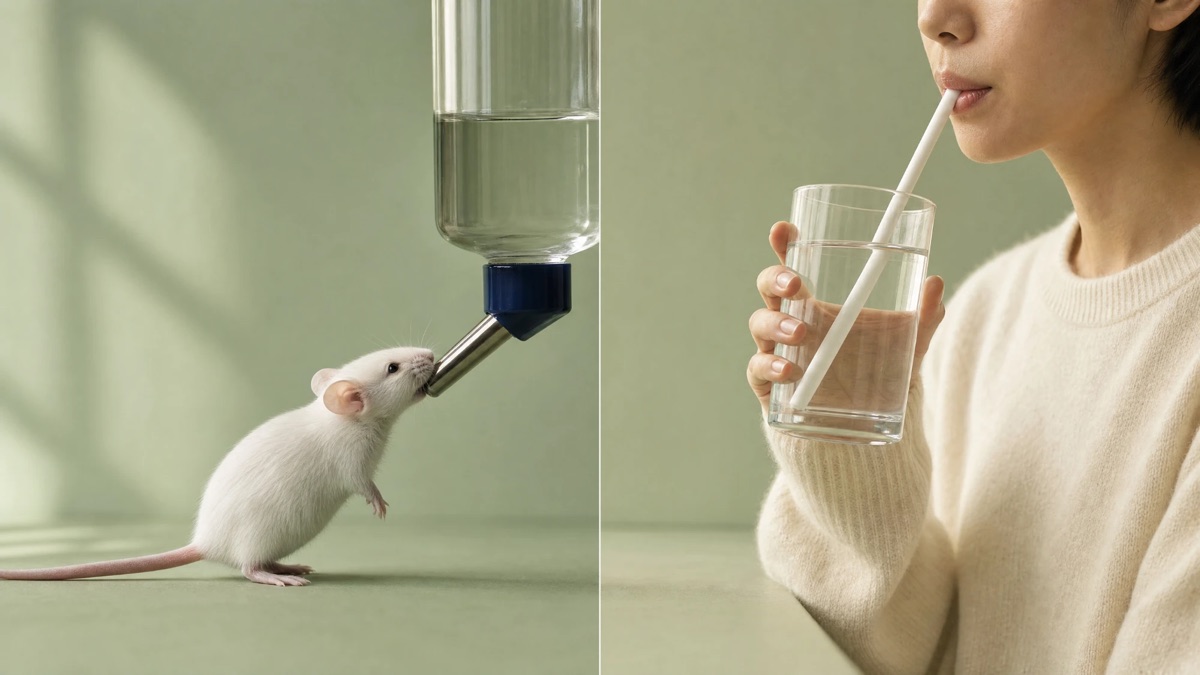 A lab mouse drinking from a lab water bottle beside a person drinking water through a straw