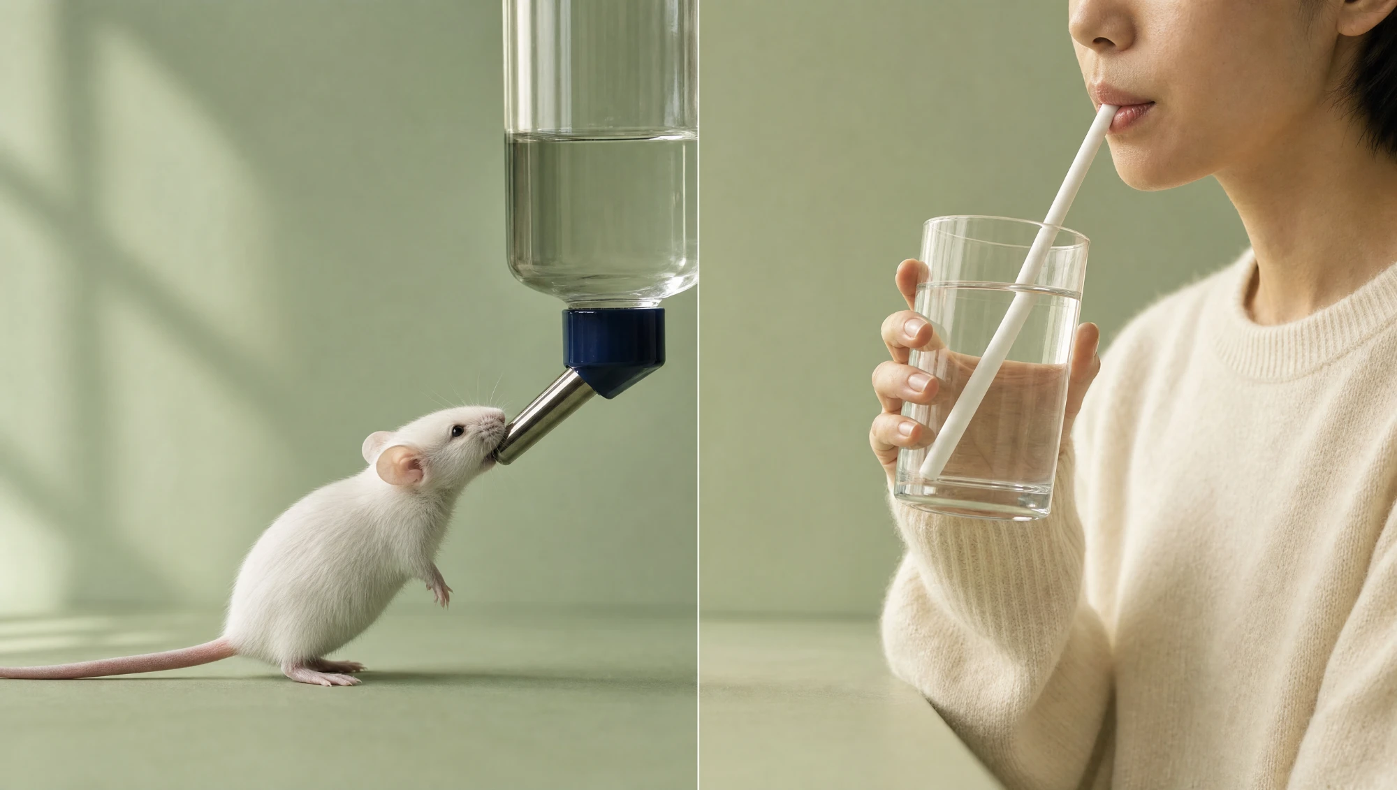 A split picture on a pale green background. On the left, a white lab mouse drinks from the metal spout of a lab water bottle. On the right, a person in a cream sweater drinks water through a white straw from a clear glass.
