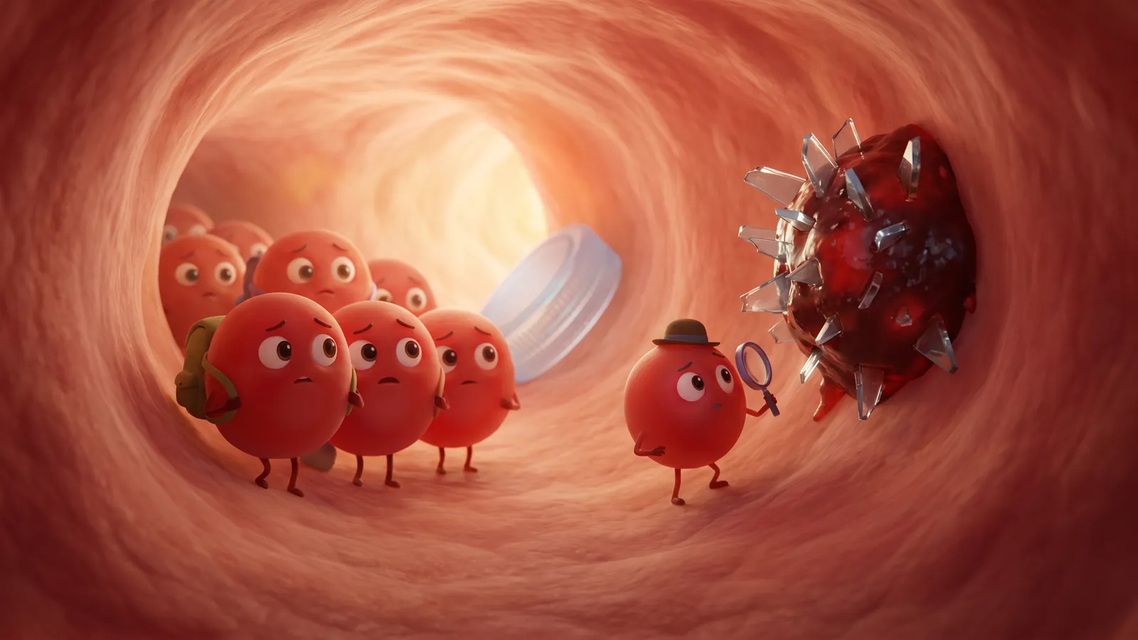 Cartoon: a red blood cell in a tiny bowler hat inspects a blood clot full of plastic shards with a magnifying glass, while worried blood cells and a plastic bottle cap wait down the artery.
