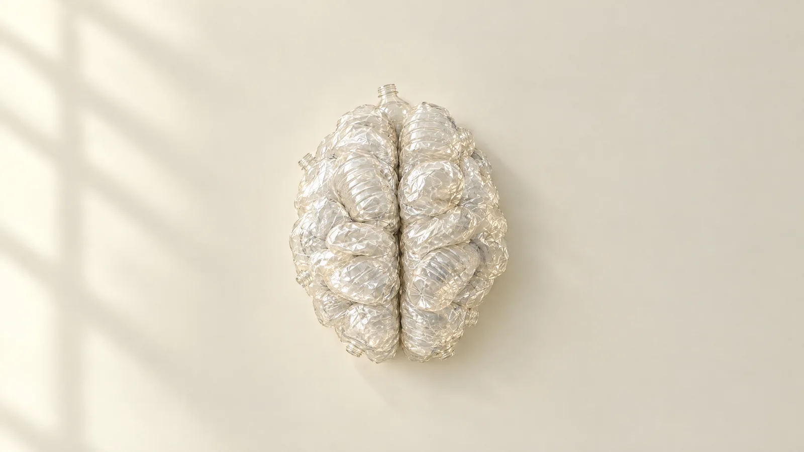 Illustration: a brain made of crushed plastic water bottles, seen from above.
