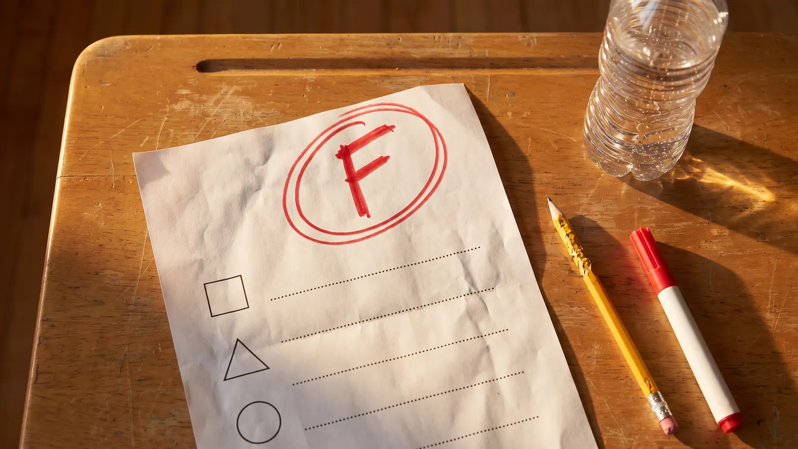 Illustration: a school quiz marked with a big red circled F on a desk, beside a plastic water bottle, a chewed pencil and a red marker.