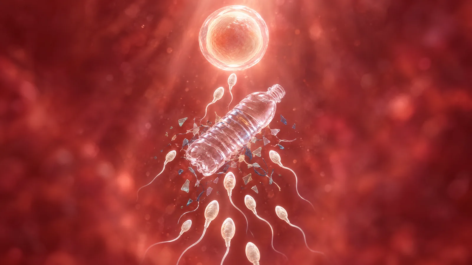 Illustration: sperm cells swim toward an egg, with a plastic water bottle and plastic particles in their path.