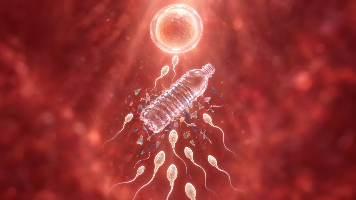 Illustration: sperm cells swim toward an egg, with a plastic water bottle and plastic particles in their path