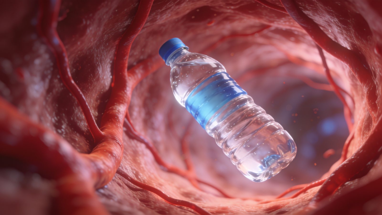A plastic water bottle inside a red artery, illustration