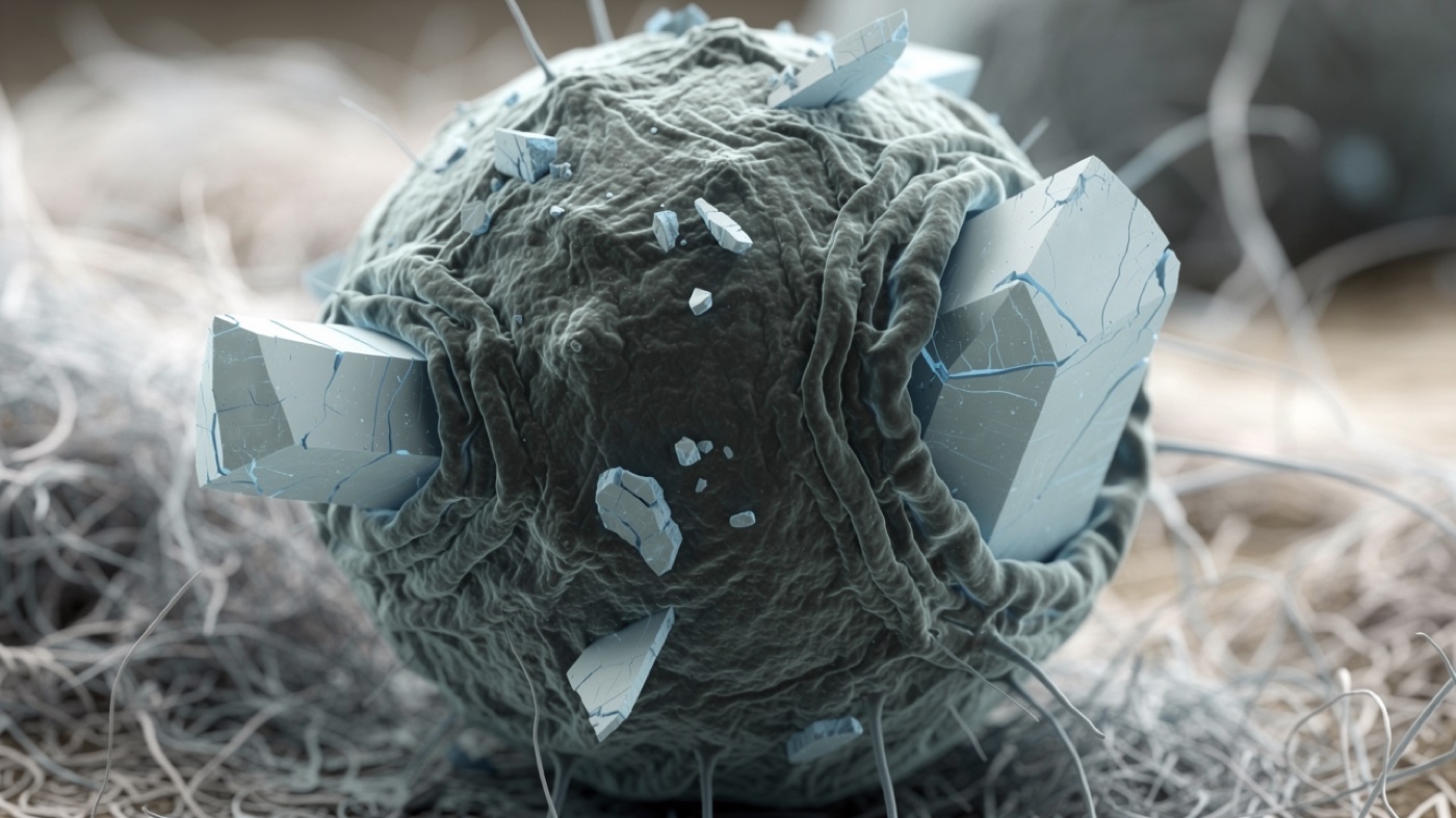 Illustration in the style of an electron microscope image: a single immune cell with jagged plastic fragments lodged in its surface. Image for illustration purposes only, not a real photograph.