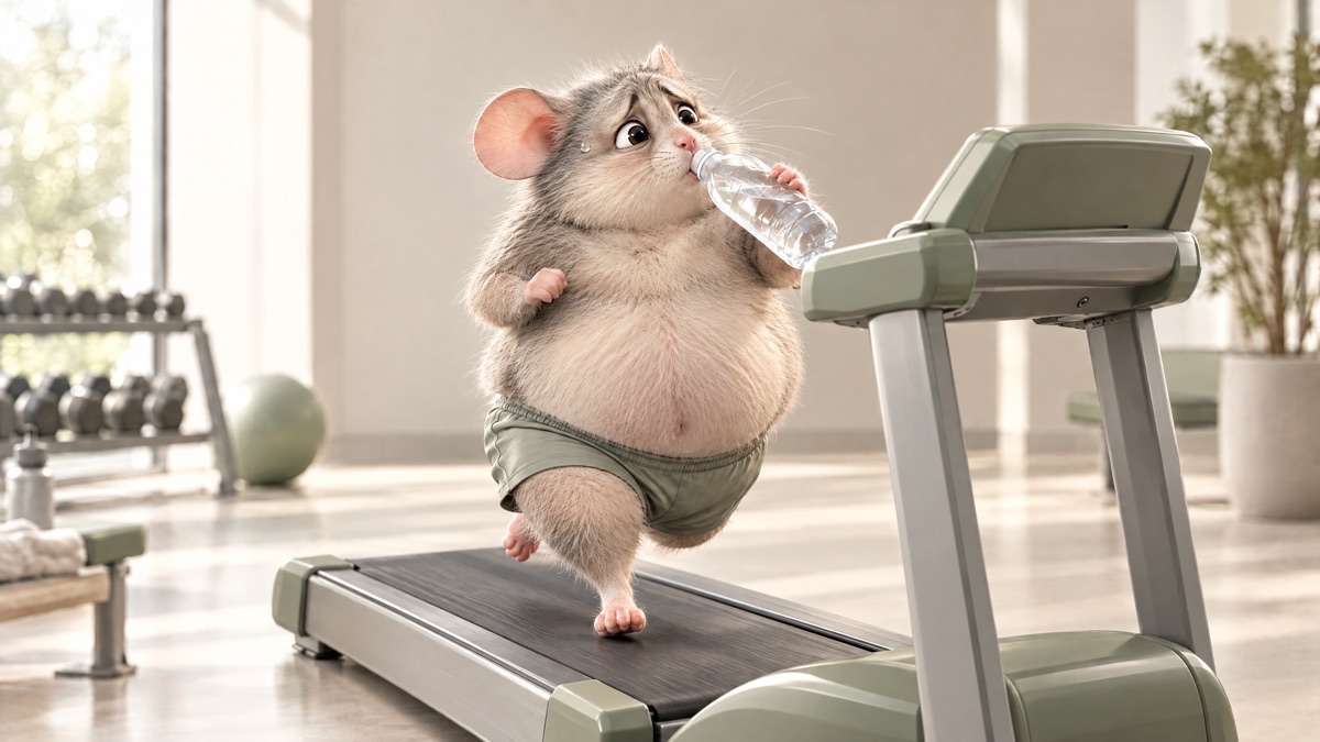 An illustration of a chubby cartoon mouse jogging on a treadmill while sipping from a plastic water bottle