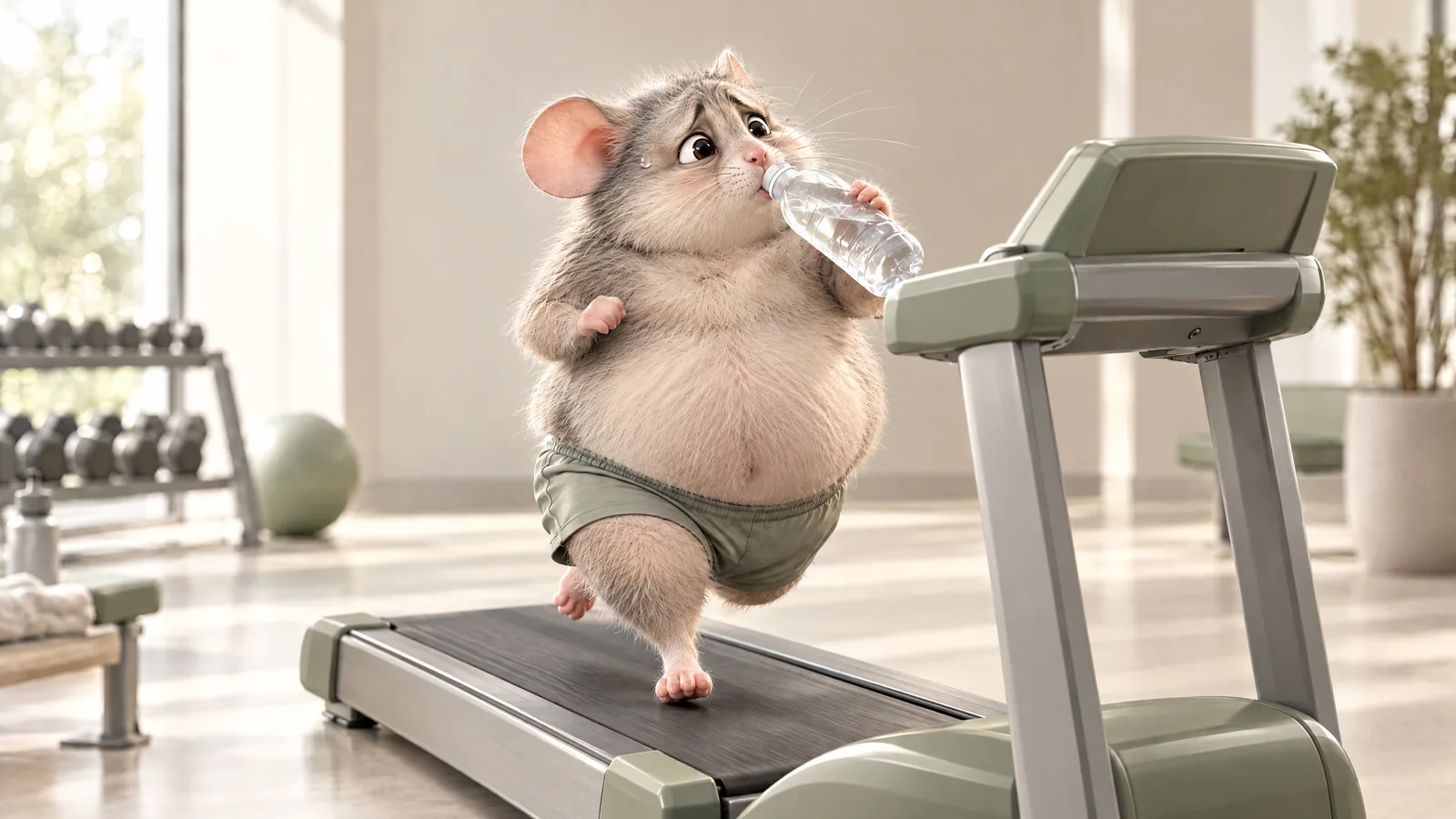 A worried, round-bellied mouse running on a treadmill while drinking from an unlabeled plastic water bottle.
