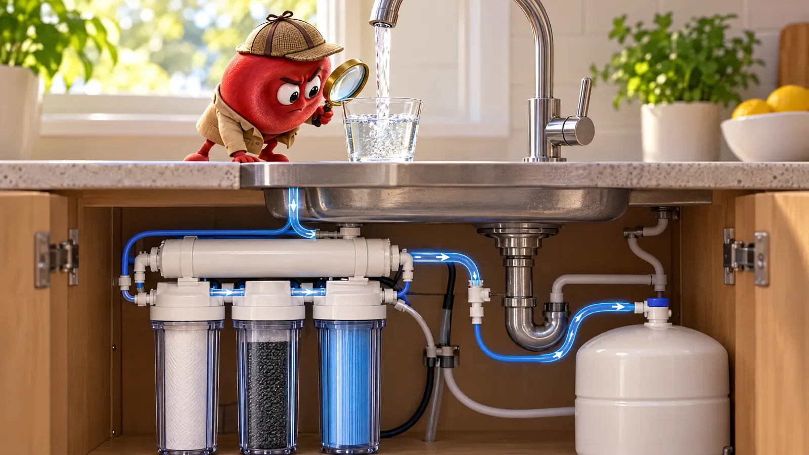 Cartoon of a red blood cell in a detective hat checking a glass of filtered water with a magnifying glass, above a reverse osmosis system under a kitchen sink.