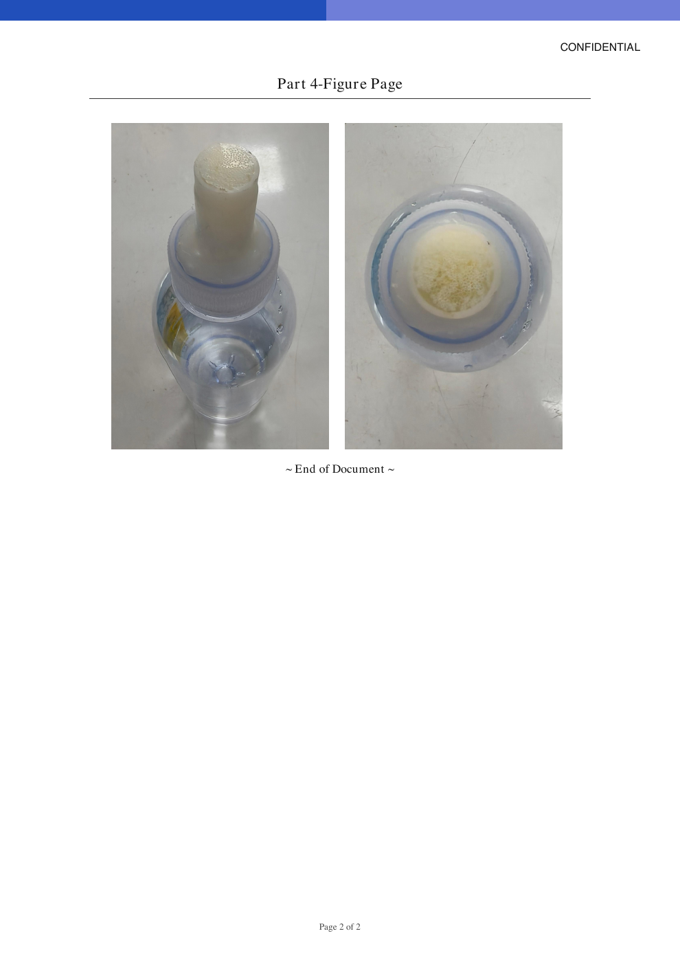 Original report, page 2: two photographs of the tested filter sample mounted on a water bottle.