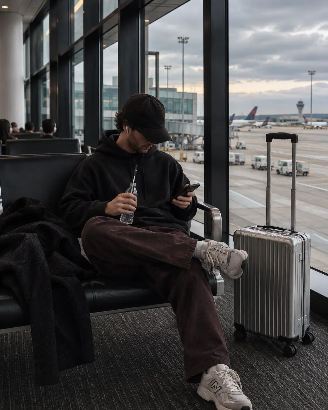 A traveler holding a water bottle with a black Aelo Straw at the airport.